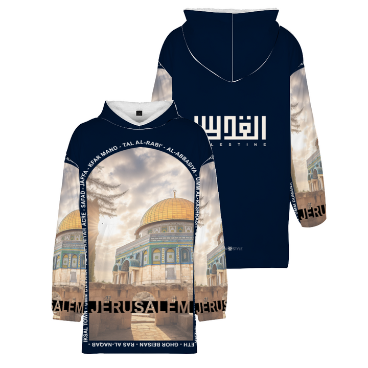 Cities of Palestine Oversized Double-layer Plush Hoodie Long Hoodie - Dark Blue