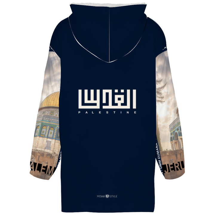 Cities of Palestine Oversized Double-layer Plush Hoodie Long Hoodie - Dark Blue