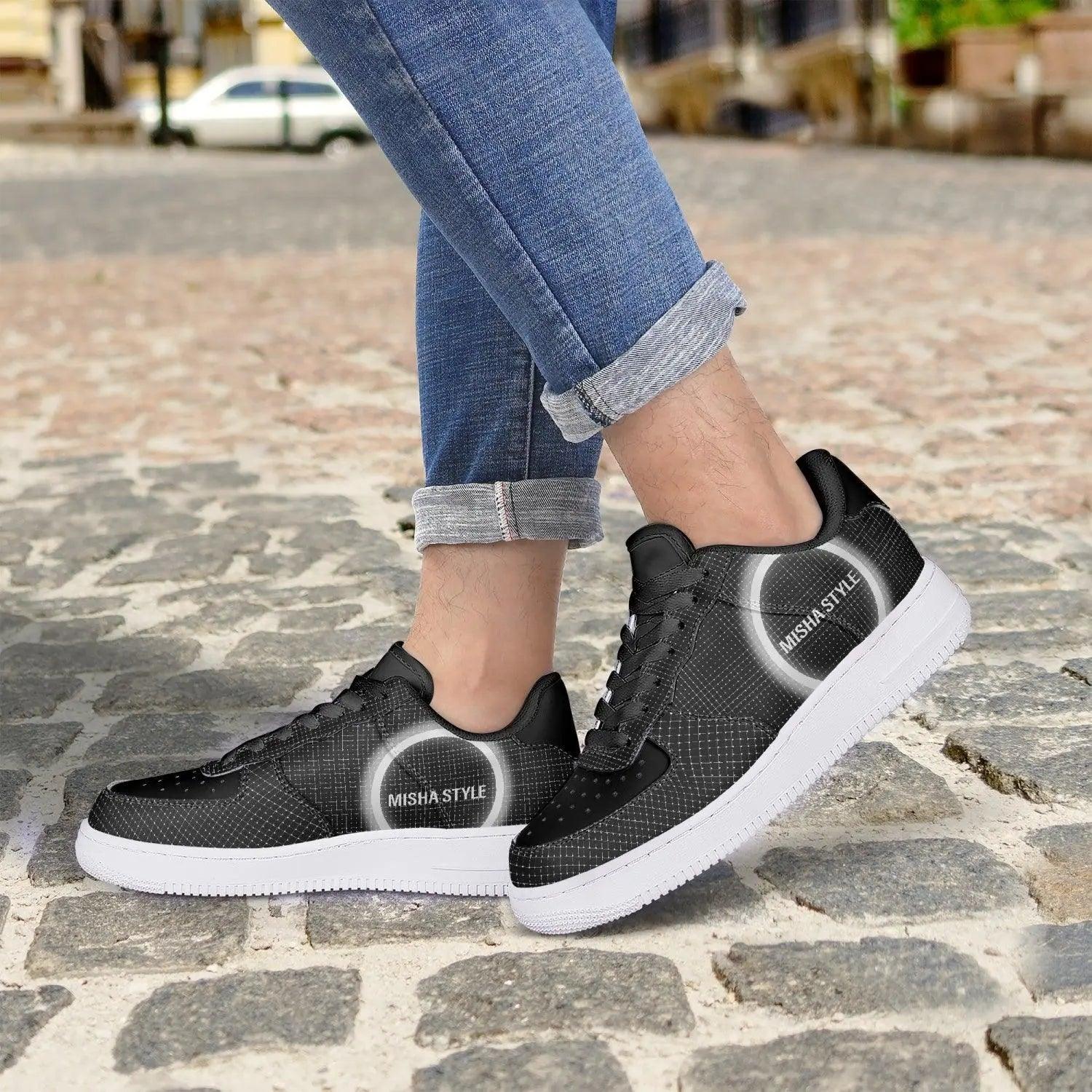 Black Low-Top Leather Sports Sneakers - Mishastyle