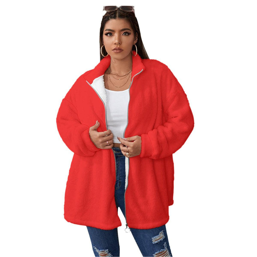 Borg Fleece Coat With Zipper Closure - Red - Mishastyle