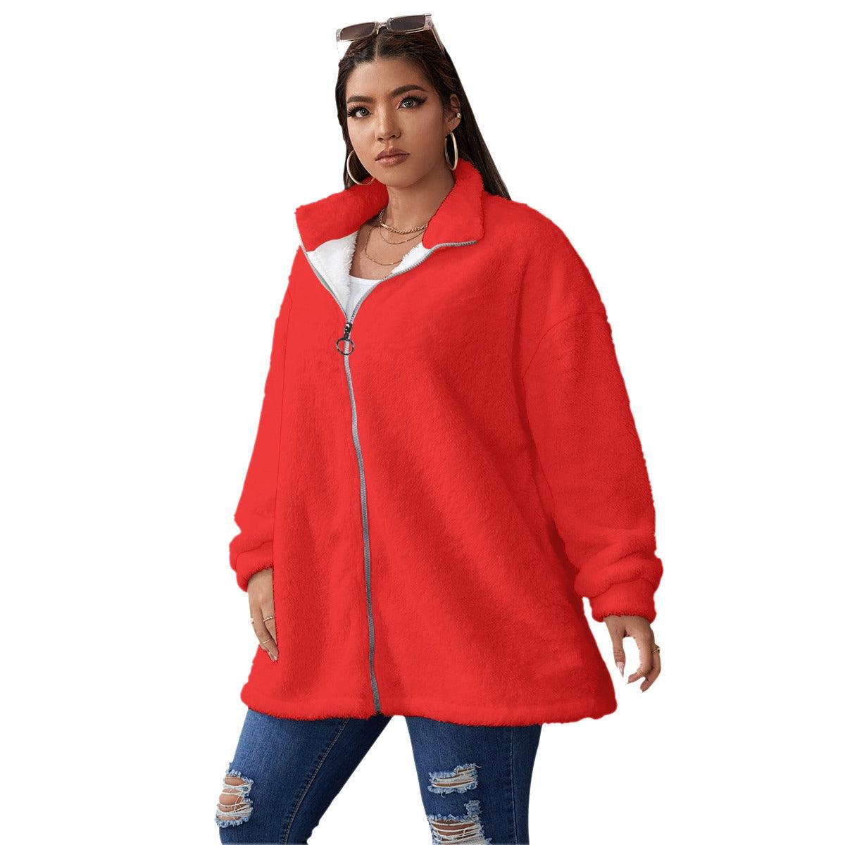 Borg Fleece Coat With Zipper Closure - Red - Mishastyle