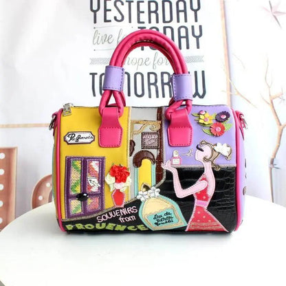 Cartoon Embroidered Handbag - Pink Handle - Mishastyle