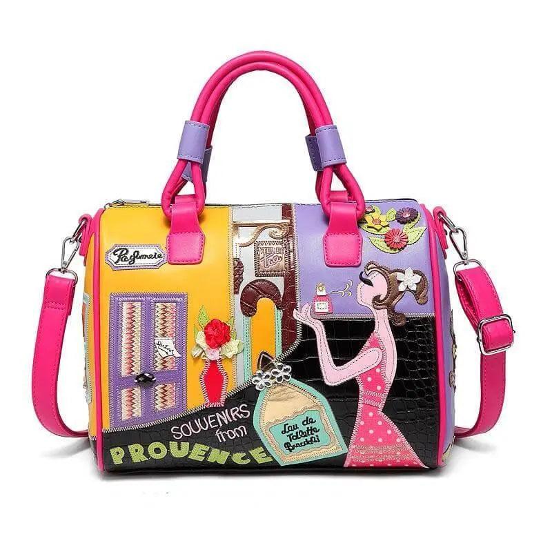 Cartoon Embroidered Handbag - Pink Handle - Mishastyle