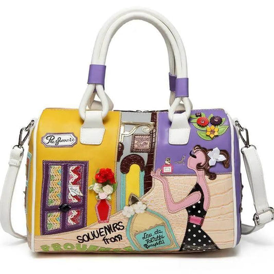 Cartoon M Embroidered Handbag - White - Mishastyle