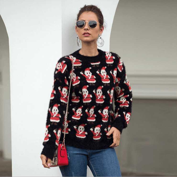 Christmas Santa Claus Women Sweater - Black - Mishastyle