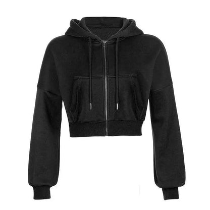 Drawstring Active Full Zip Up Hoodie - Black - Mishastyle