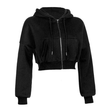 Drawstring Active Full Zip Up Hoodie - Black - Mishastyle