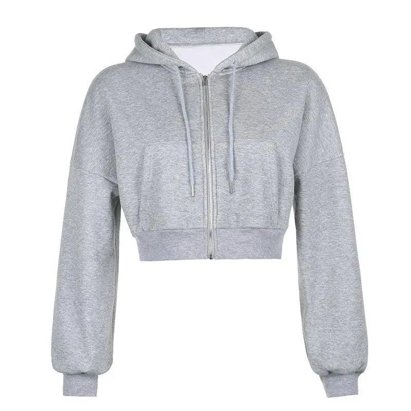 Drawstring Active Full Zip Up Hoodie - Gray - Mishastyle