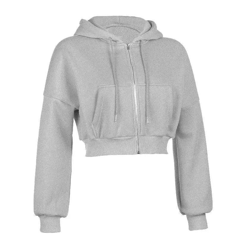 Drawstring Active Full Zip Up Hoodie - Gray - Mishastyle