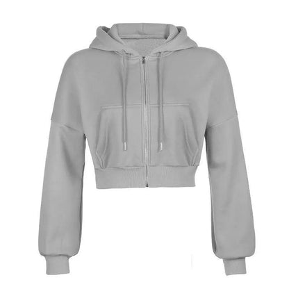 Drawstring Active Full Zip Up Hoodie - Gray - Mishastyle