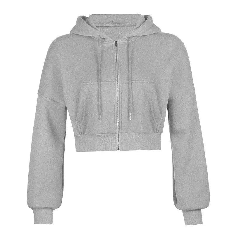 Drawstring Active Full Zip Up Hoodie - Gray - Mishastyle