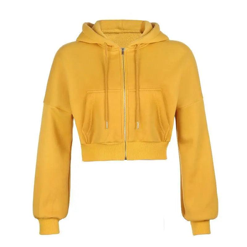 Drawstring Active Full Zip Up Hoodie - Yellow - Mishastyle