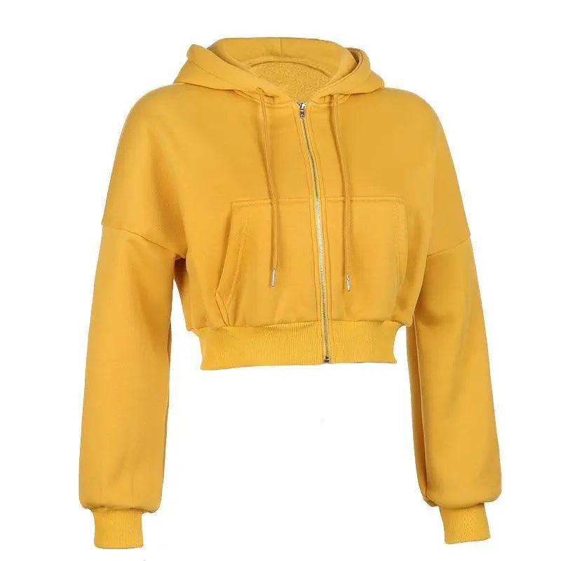 Drawstring Active Full Zip Up Hoodie - Yellow - Mishastyle