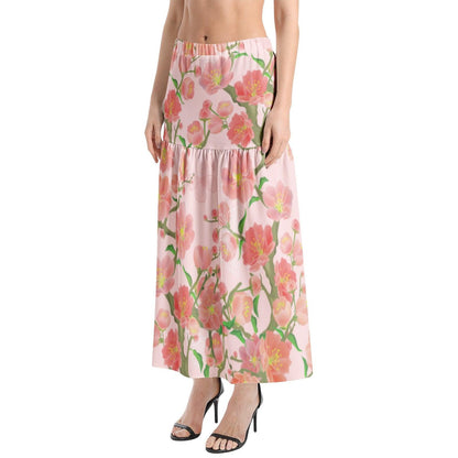 Floral Elastic Waist Ruffle Slit Hem Skirt - Mishastyle