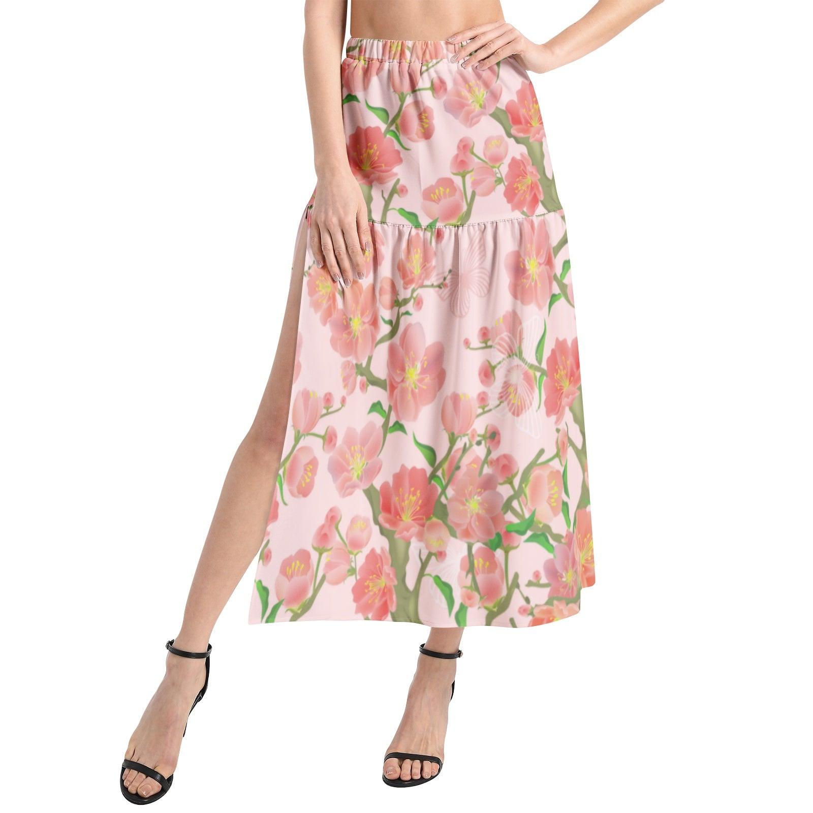 Floral Elastic Waist Ruffle Slit Hem Skirt - Mishastyle