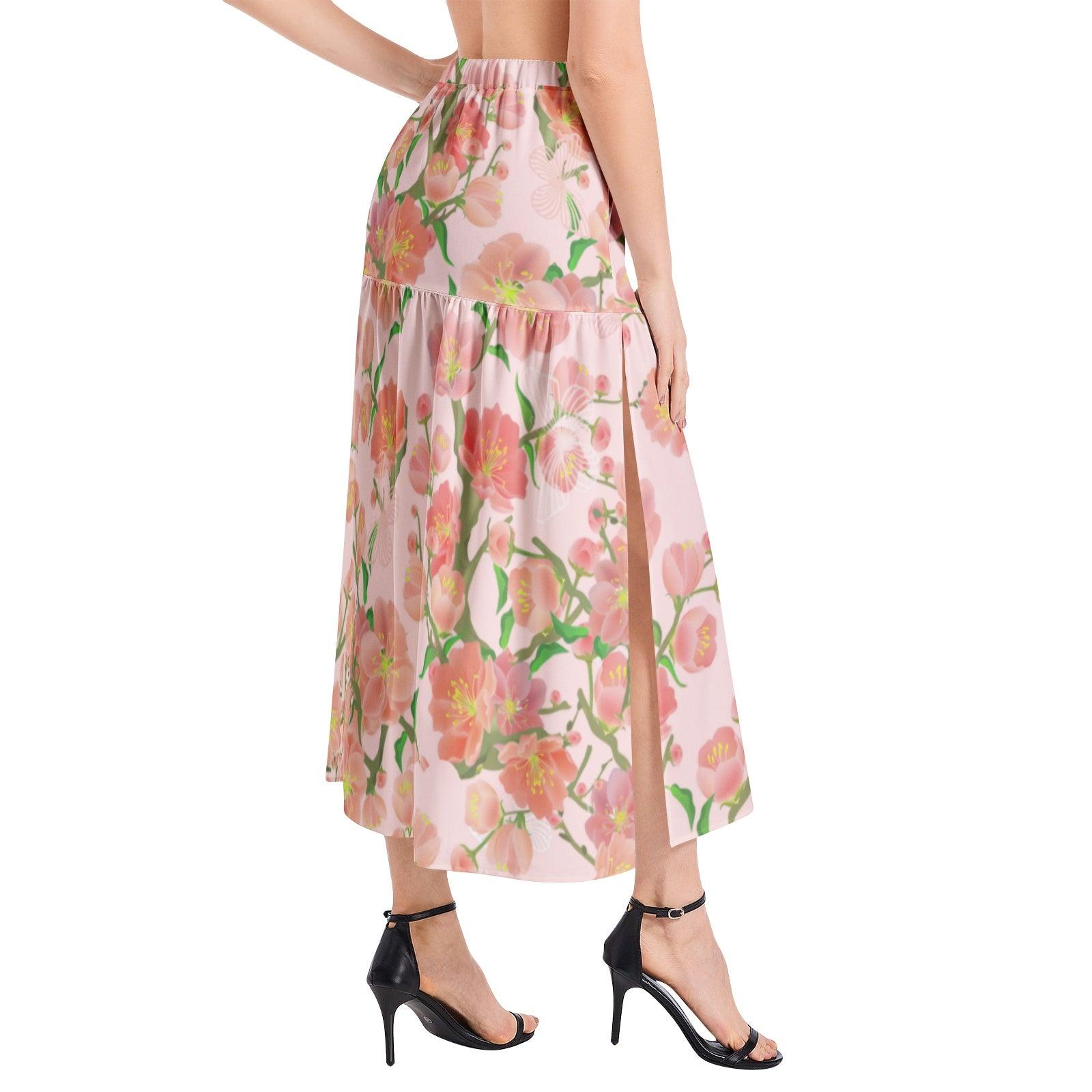 Floral Elastic Waist Ruffle Slit Hem Skirt - Mishastyle