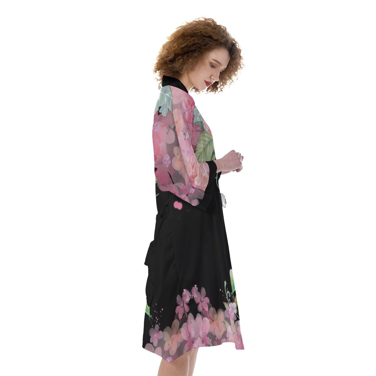 Floral Women's Satin Kimono Robe - Black - Mishastyle