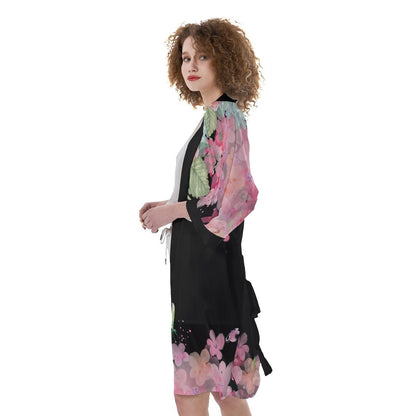 Floral Women's Satin Kimono Robe - Black - Mishastyle