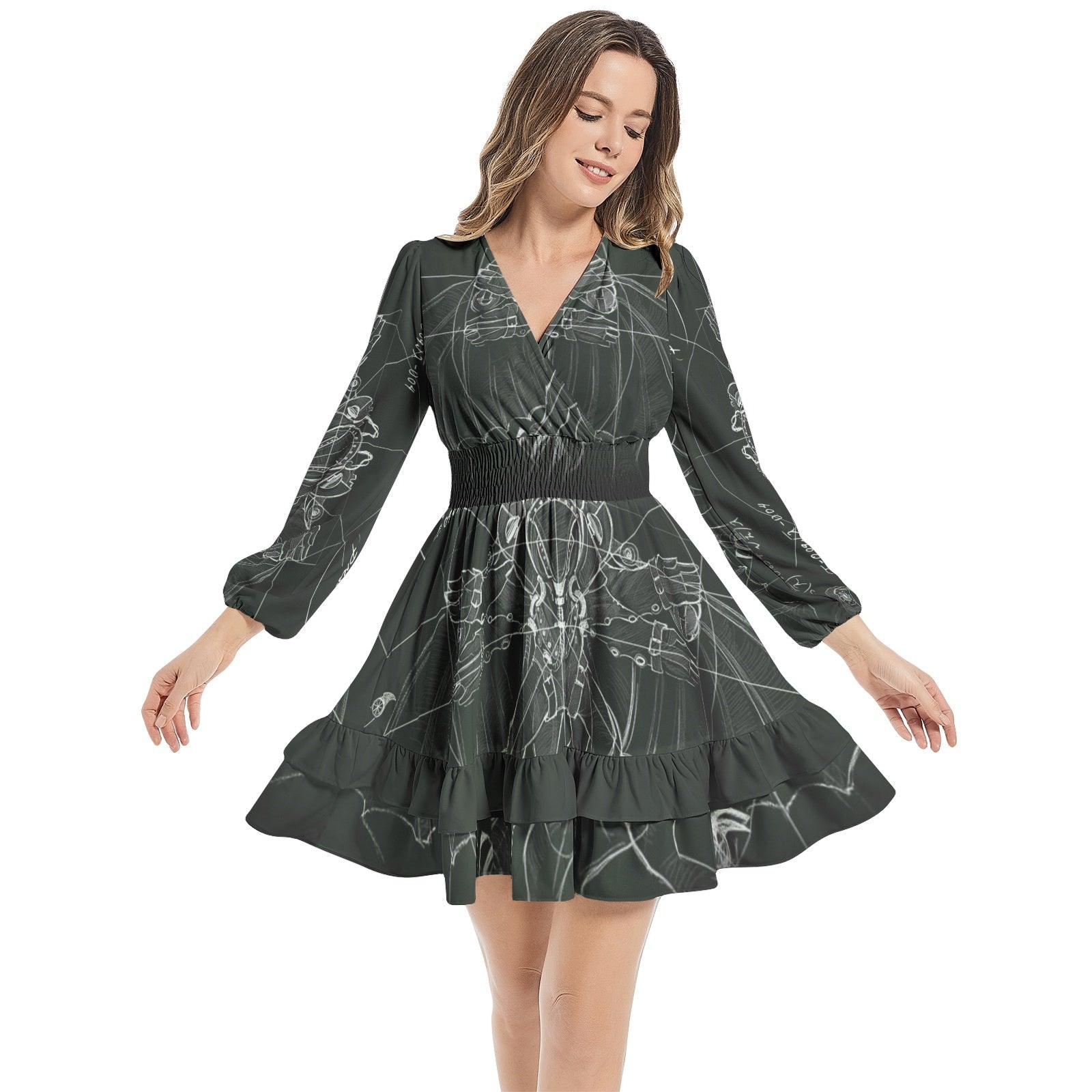 Long Ruffle Sleeve Elastic Waist Dress - Dark Green - Mishastyle