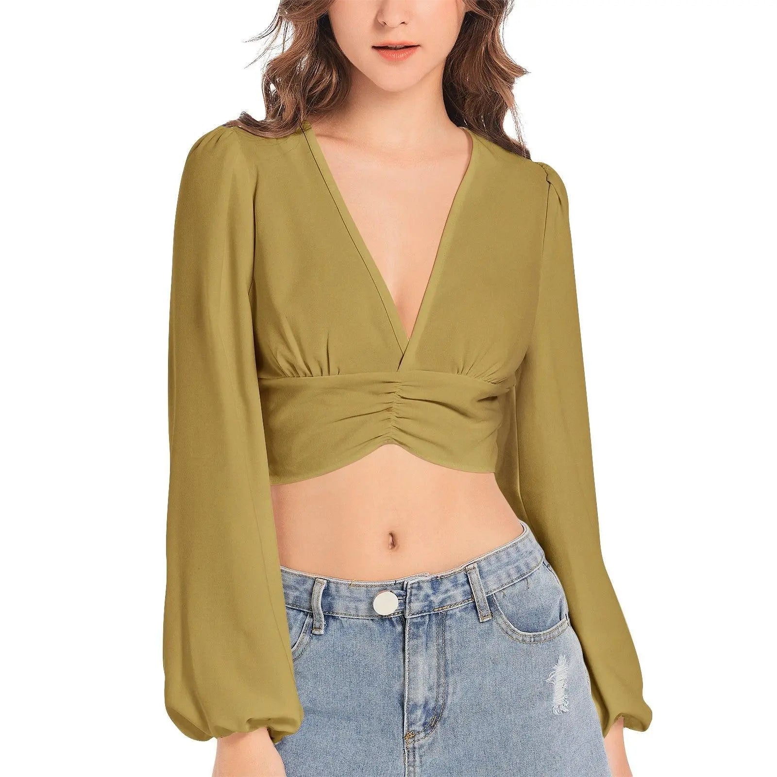 Misha Deep V-Neck Lantern Sleeve Crop Top - Mishastyle