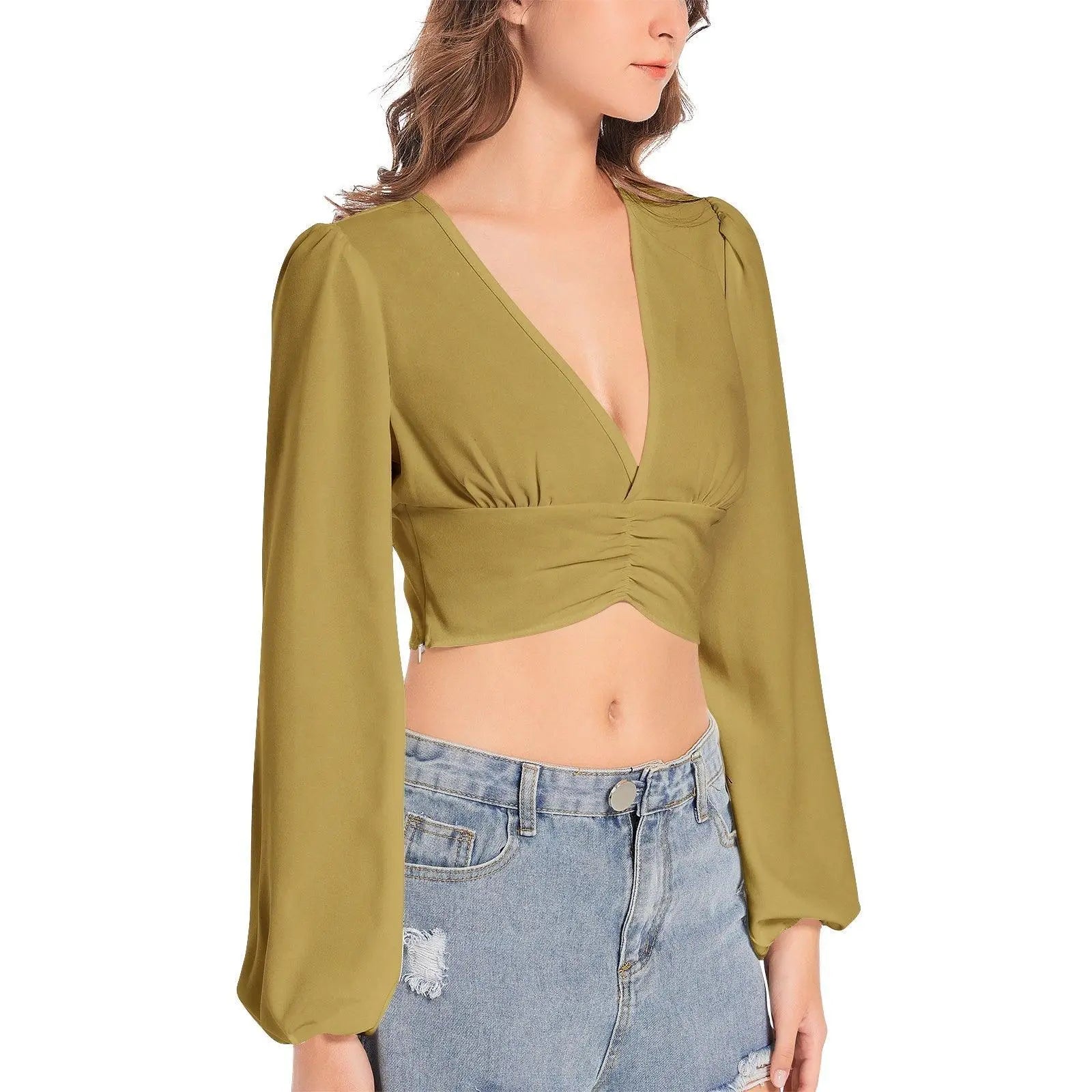 Misha Deep V-Neck Lantern Sleeve Crop Top - Mishastyle