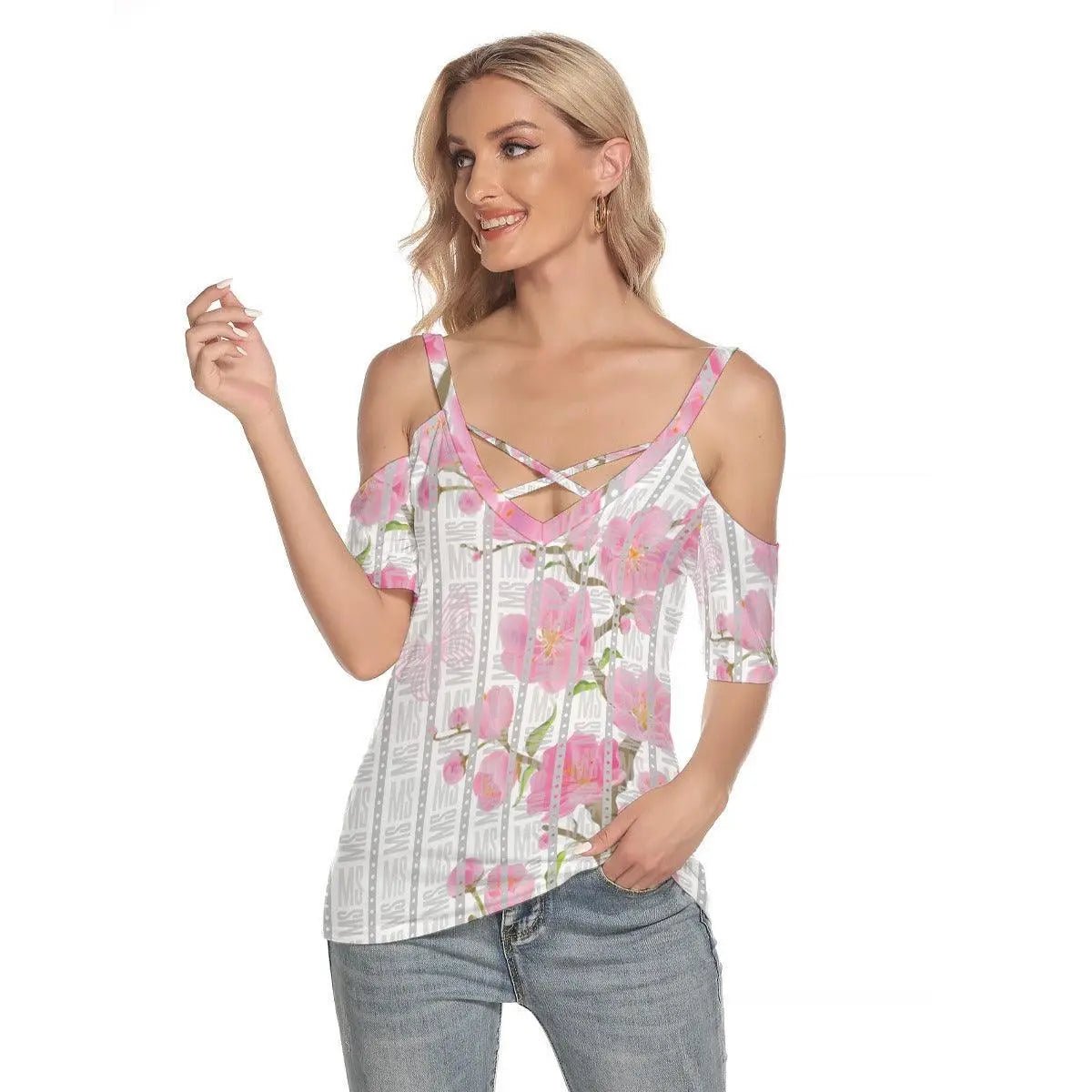 Misha Floral Cold Shoulder T-shirt With Criss Cross Strips - Mishastyle