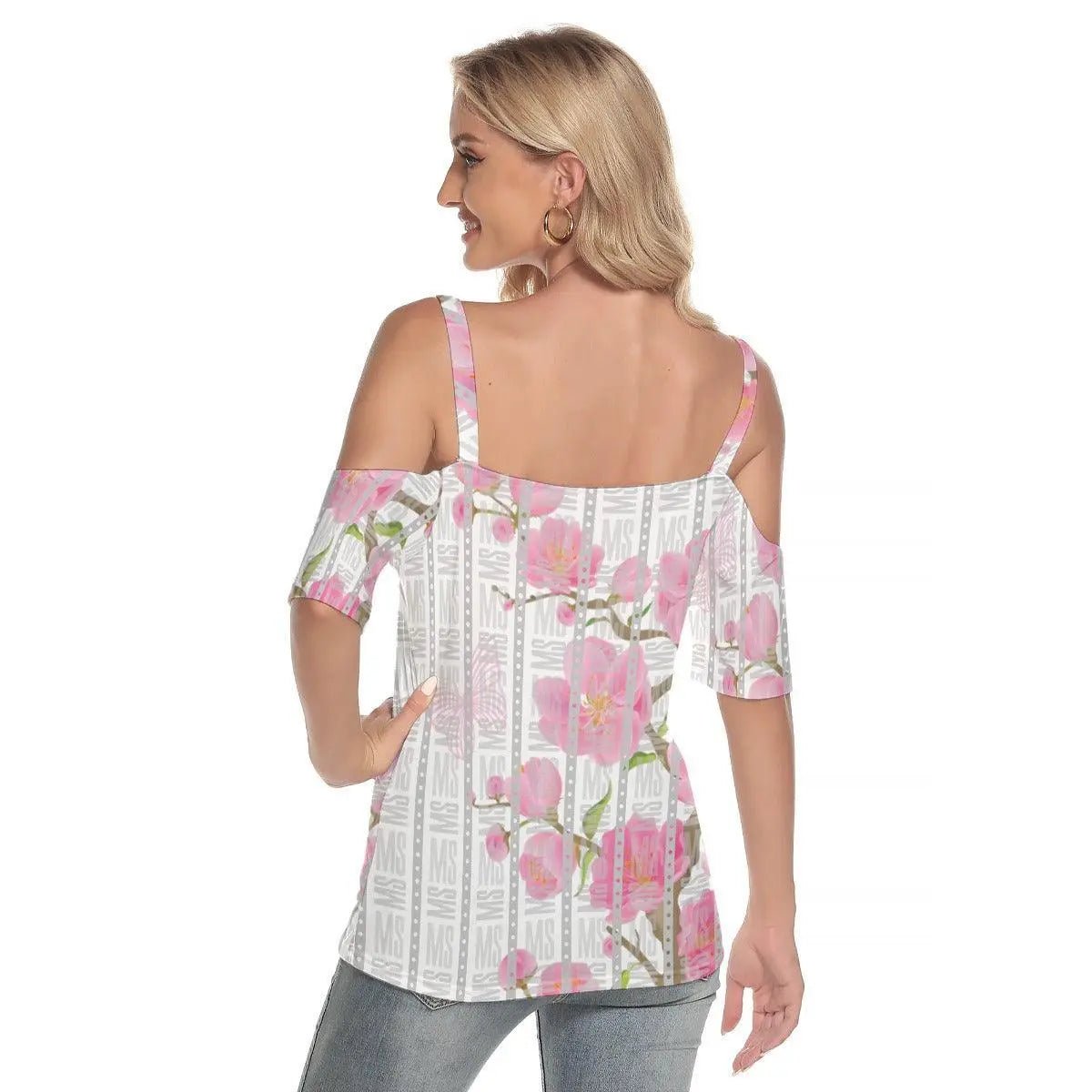 Misha Floral Cold Shoulder T-shirt With Criss Cross Strips - Mishastyle