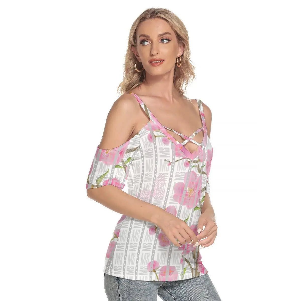 Misha Floral Cold Shoulder T-shirt With Criss Cross Strips - Mishastyle