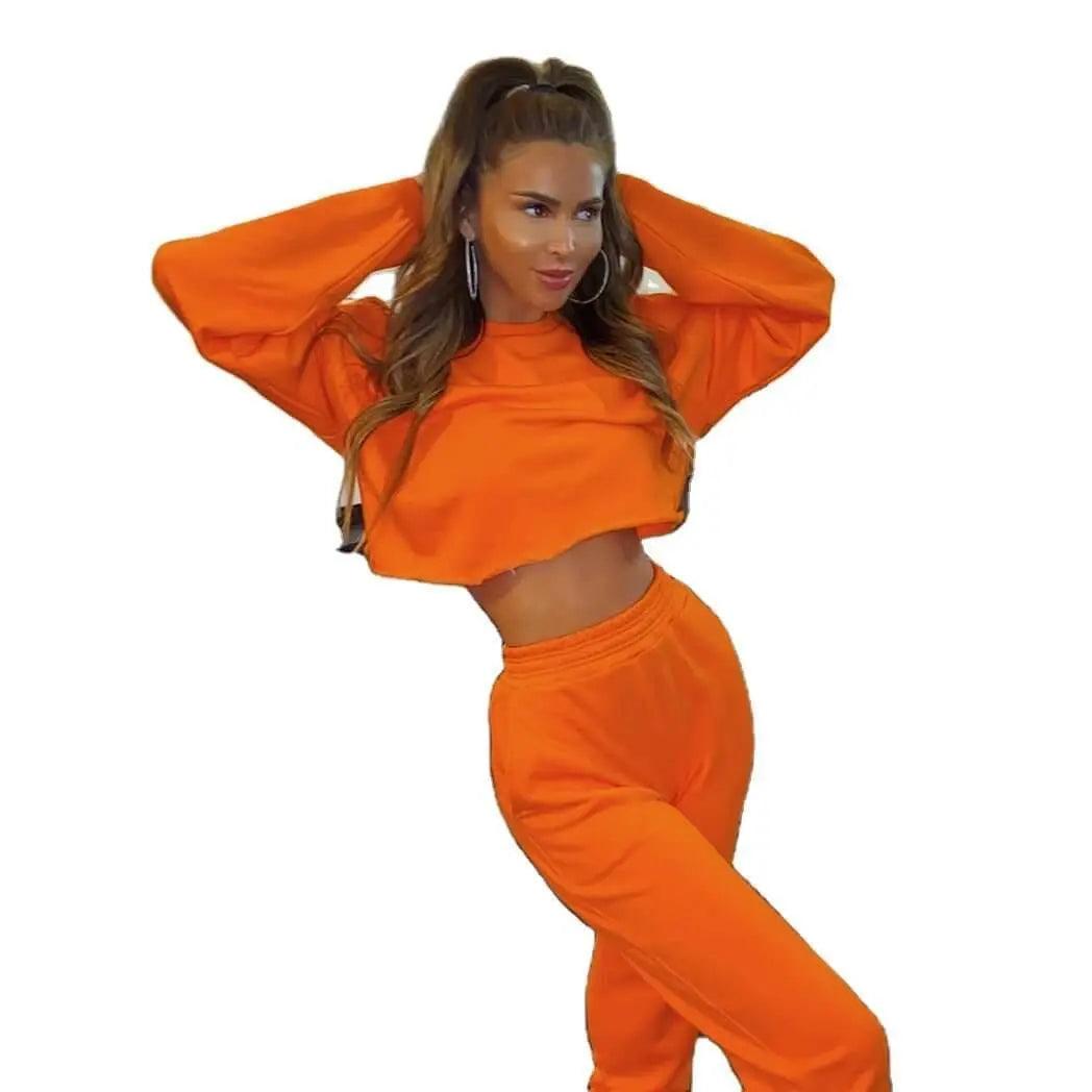 Sexy Crop Blank Two Pieces Tracksuit - Orange - Mishastyle