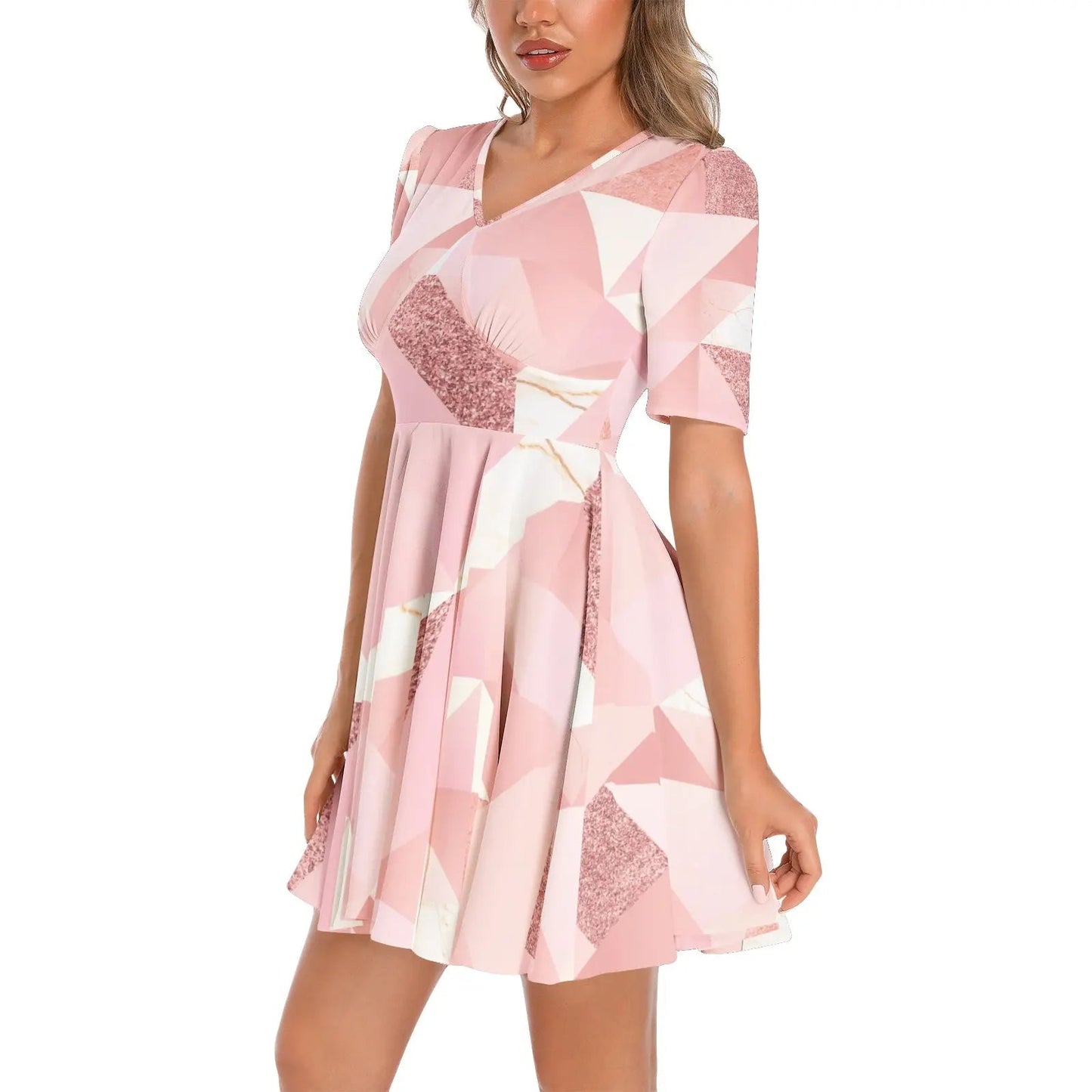 Short Sleeve Ruched Bust Flared Hem Dress - Mishastyle