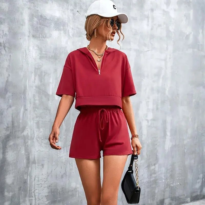 Solid Hooded Zip Casual Shorts Set - Mishastyle