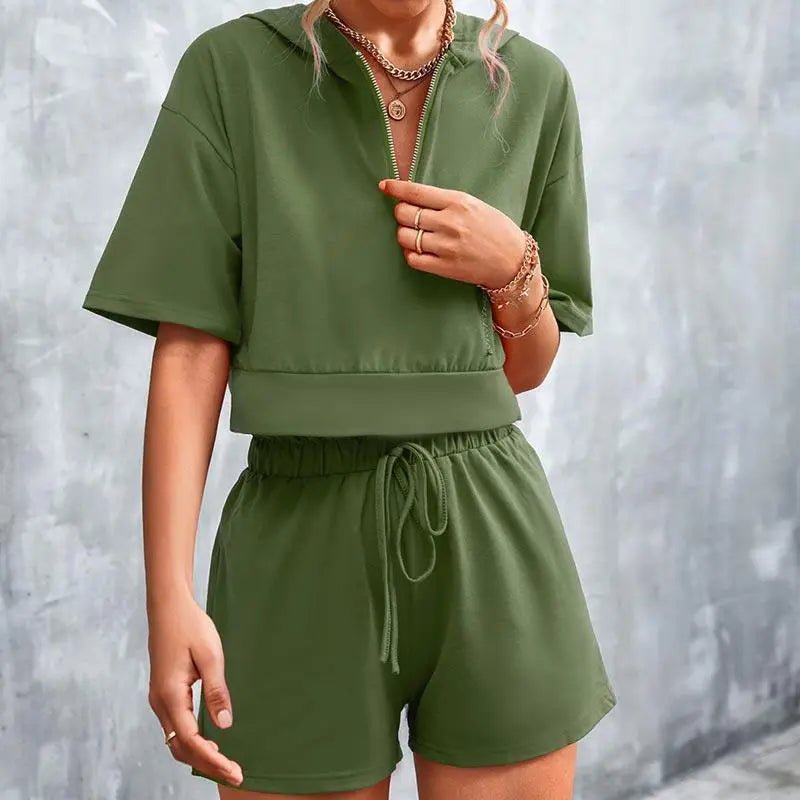 Solid Hooded Zip Casual Shorts Set - Mishastyle