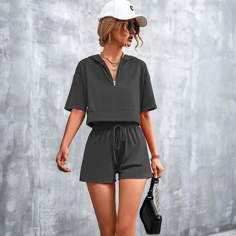 Solid Hooded Zip Casual Shorts Set - Mishastyle