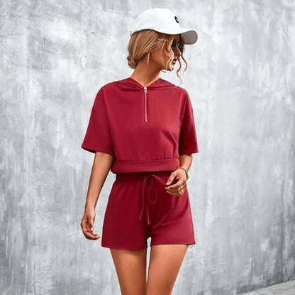 Solid Hooded Zip Casual Shorts Set - Mishastyle