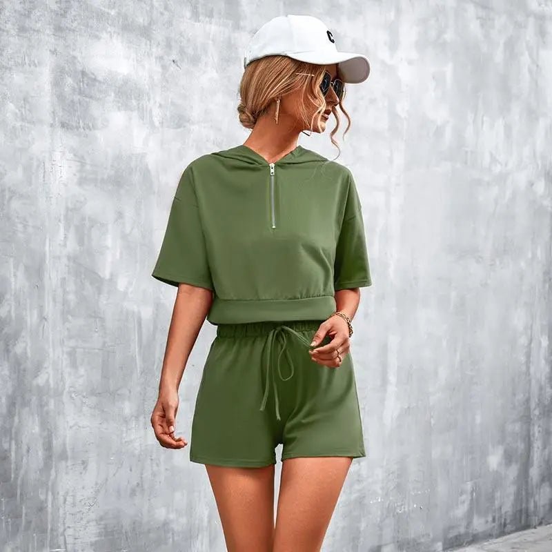 Solid Hooded Zip Casual Shorts Set - Mishastyle