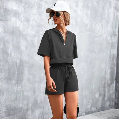 Solid Hooded Zip Casual Shorts Set - Mishastyle