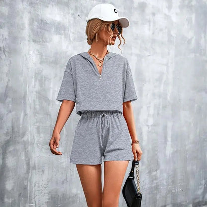 Solid Hooded Zip Casual Shorts Set - Mishastyle