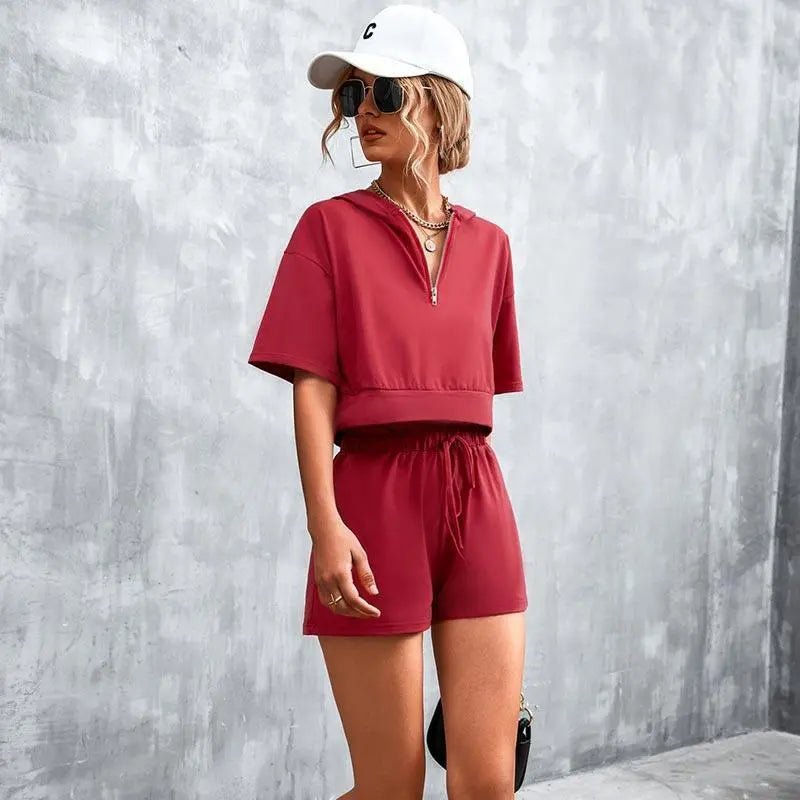 Solid Hooded Zip Casual Shorts Set - Mishastyle