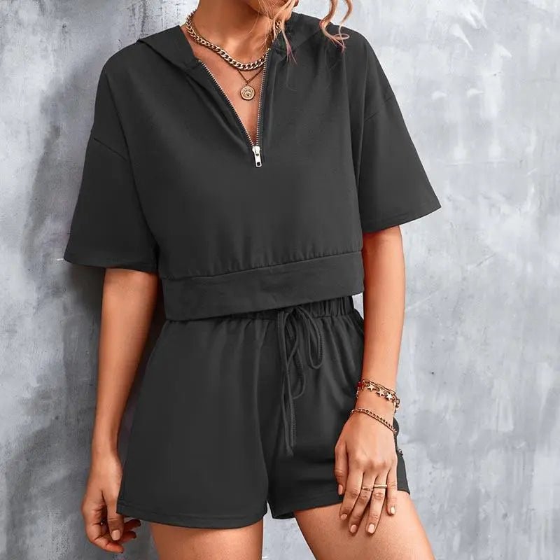 Solid Hooded Zip Casual Shorts Set - Mishastyle