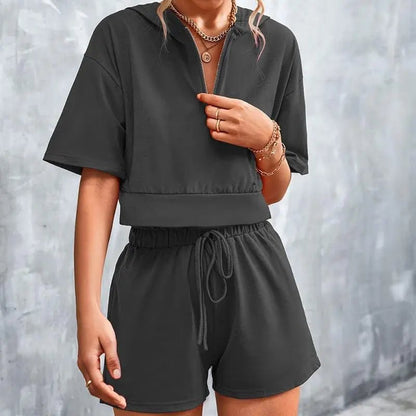 Solid Hooded Zip Casual Shorts Set - Mishastyle