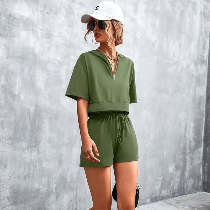 Solid Hooded Zip Casual Shorts Set - Mishastyle