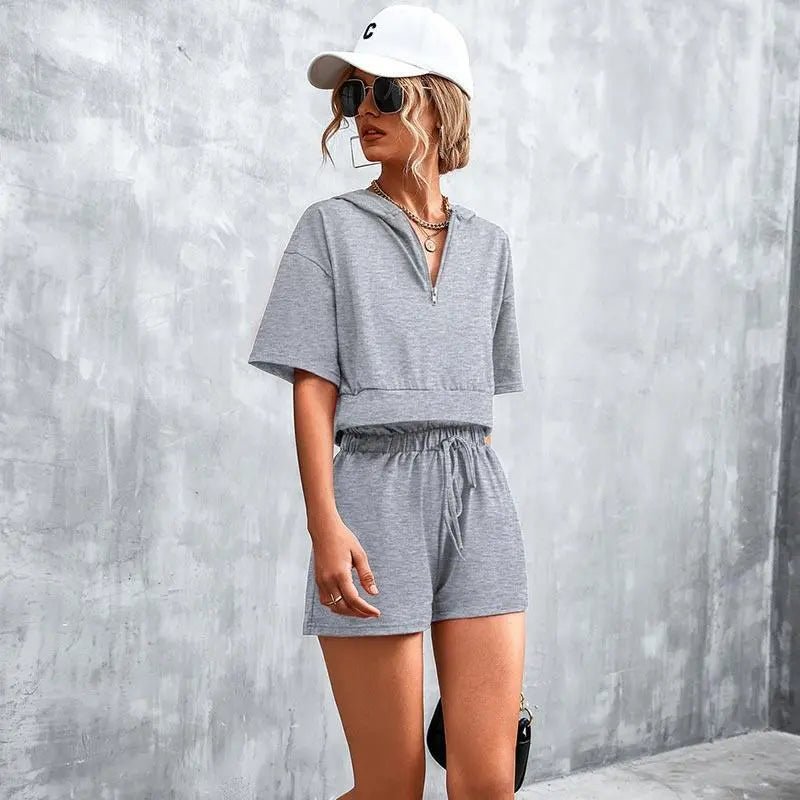 Solid Hooded Zip Casual Shorts Set - Mishastyle