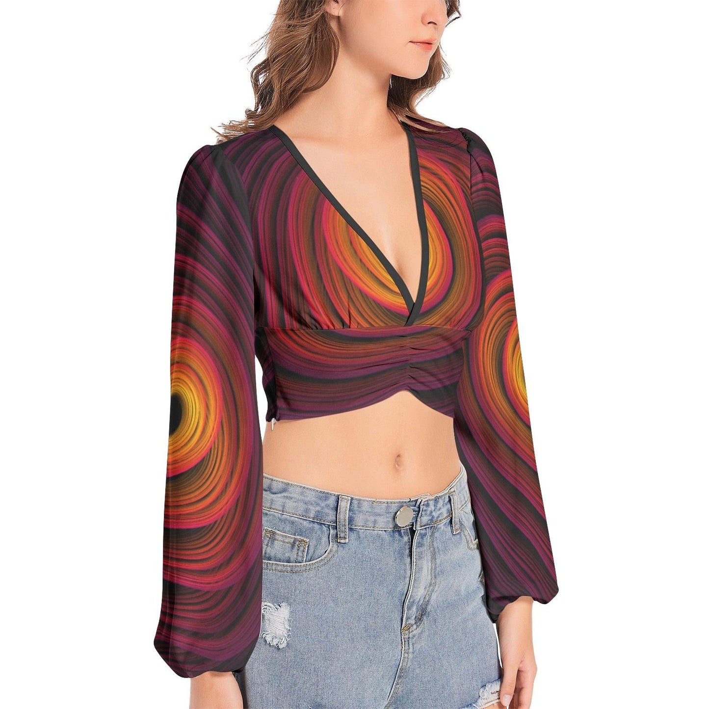 Women's Deep V-Neck Sleeve Crop Top - Fire - Mishastyle