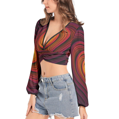 Women's Deep V-Neck Sleeve Crop Top - Fire - Mishastyle