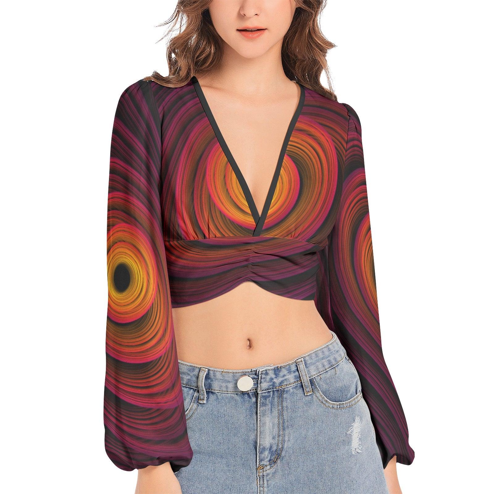 Women's Deep V-Neck Sleeve Crop Top - Fire - Mishastyle